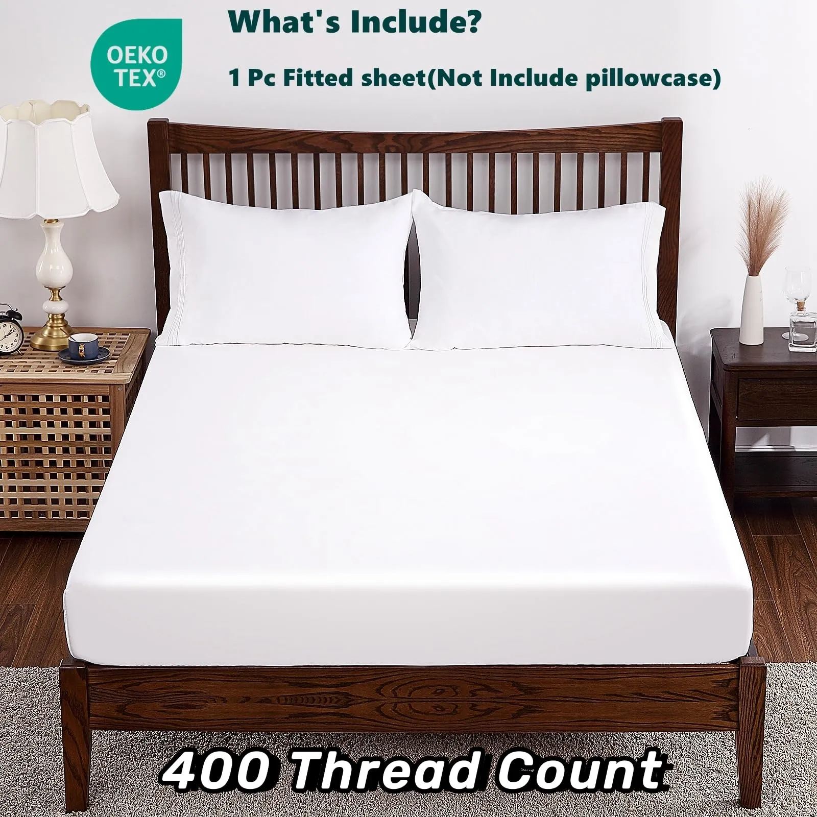 100% Bamboo Cooling Fitted Sheet King Only, 400 Thread Count King Size Fitted Sheet White, 16" Deep Pocket, Colorfast Dyes & Shrink Resistant, Soft & Silky and Breathable for Home & Hotel Luxury