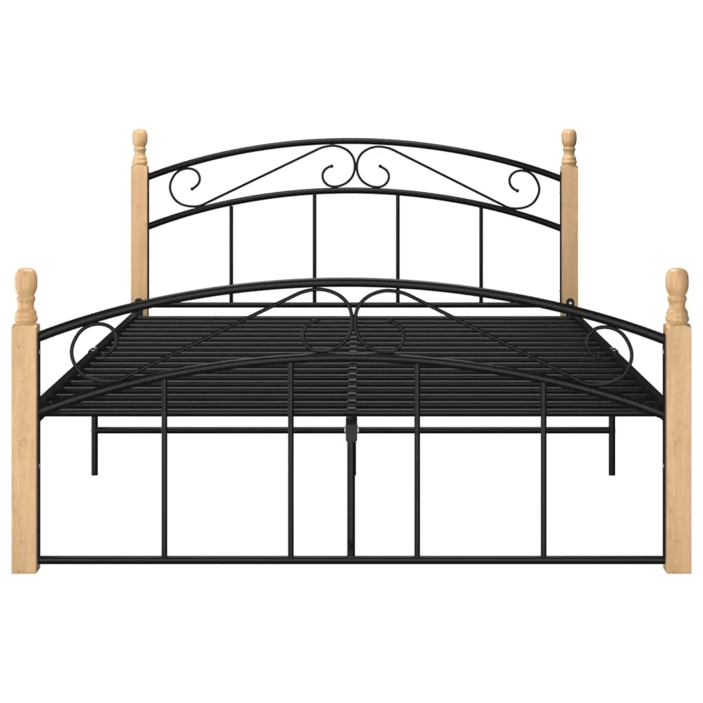 Bed Frame Black Metal and Solid Oak Wood 140x200 cm