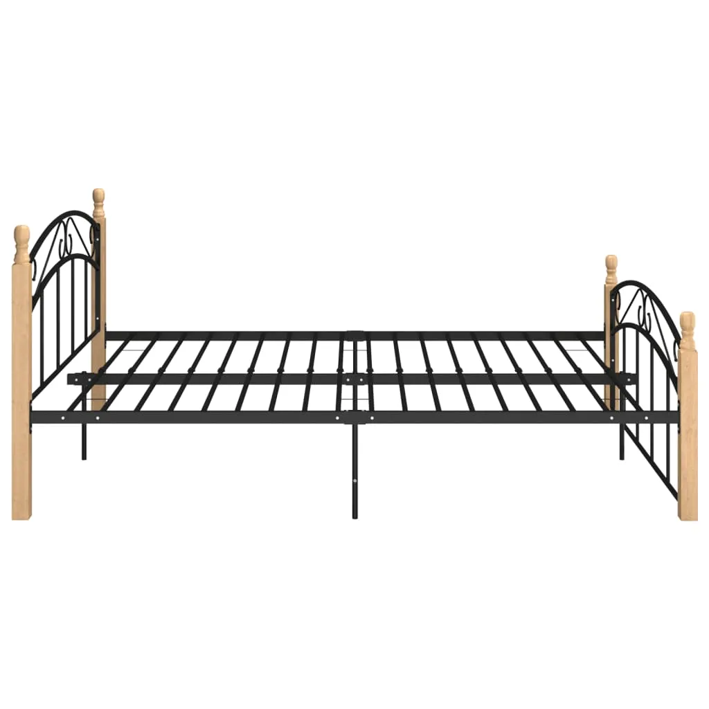 Bed Frame Black Metal and Solid Oak Wood 140x200 cm