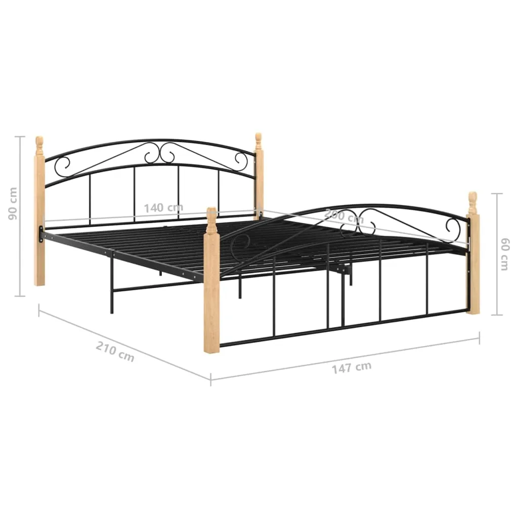 Bed Frame Black Metal and Solid Oak Wood 140x200 cm