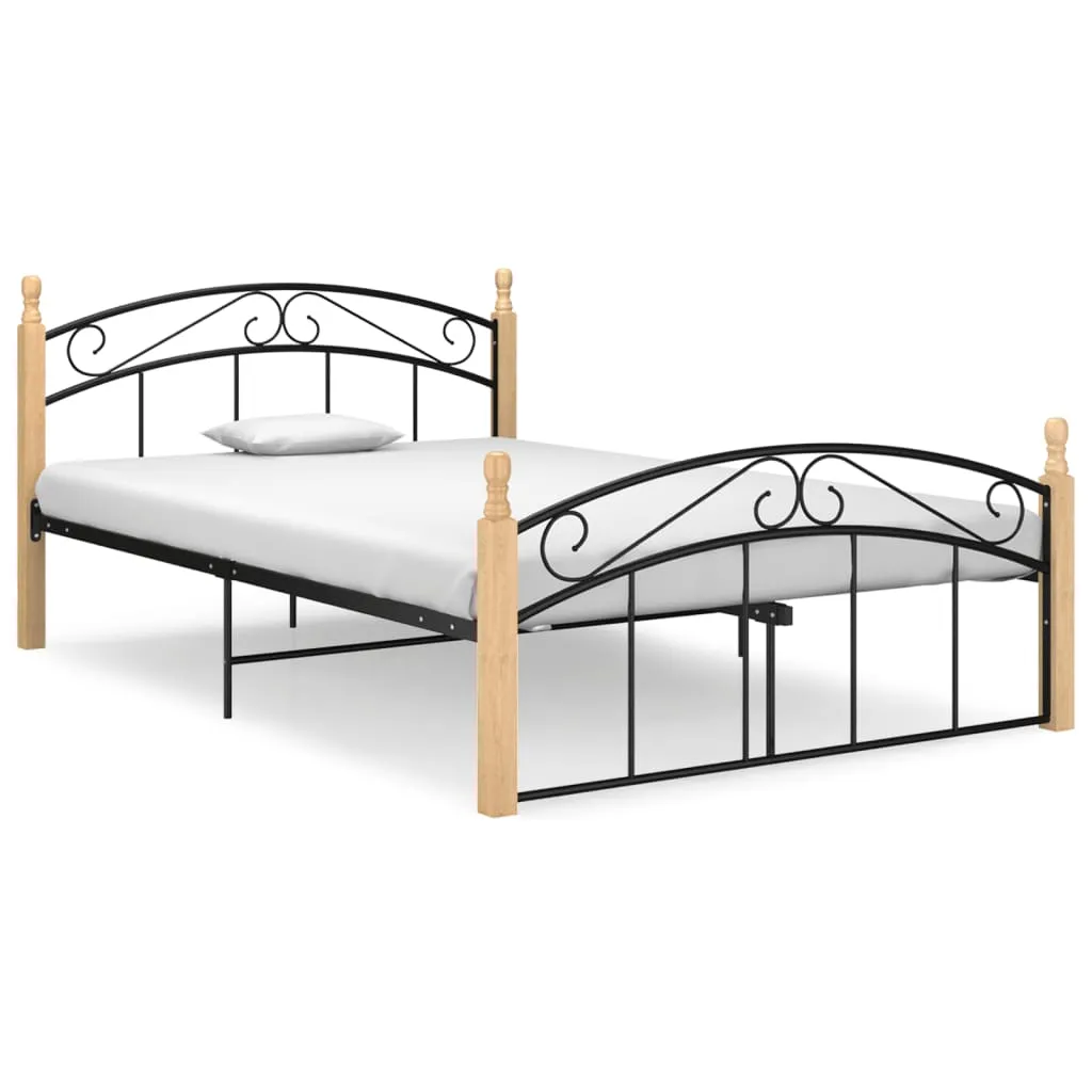 Bed Frame Black Metal and Solid Oak Wood 140x200 cm