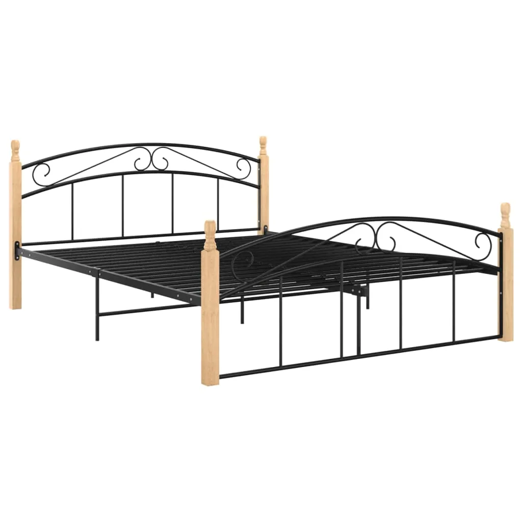 Bed Frame Black Metal and Solid Oak Wood 140x200 cm