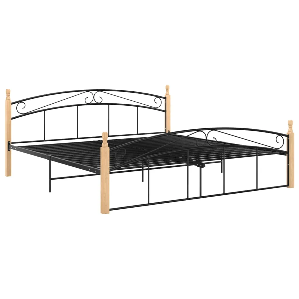 Bed Frame Black Metal and Solid Oak Wood 180x200 cm 6FT Super King