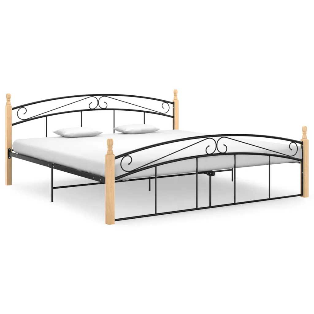 Bed Frame Black Metal and Solid Oak Wood 180x200 cm 6FT Super King