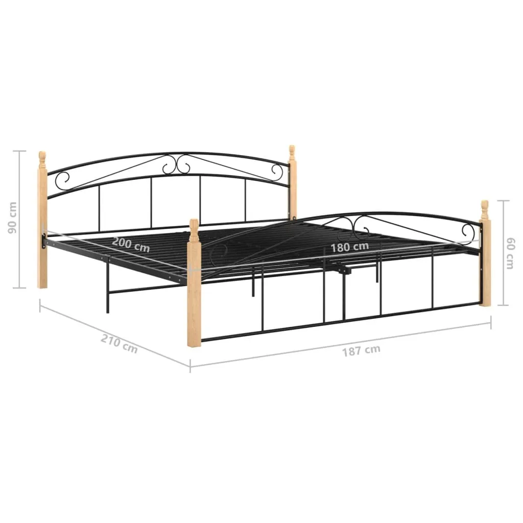 Bed Frame Black Metal and Solid Oak Wood 180x200 cm 6FT Super King