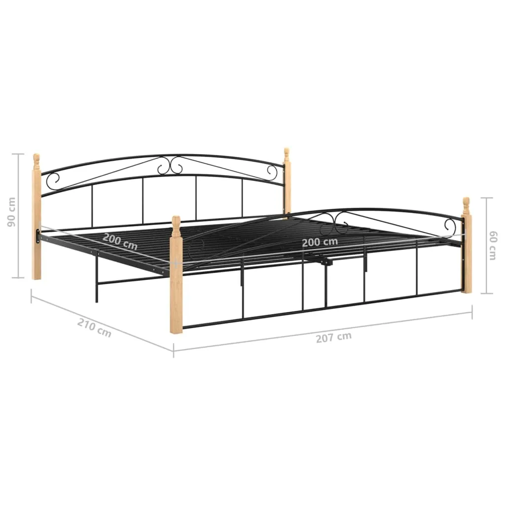 Bed Frame Black Metal and Solid Oak Wood 200x200 cm