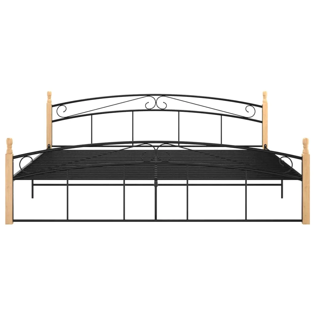 Bed Frame Black Metal and Solid Oak Wood 200x200 cm