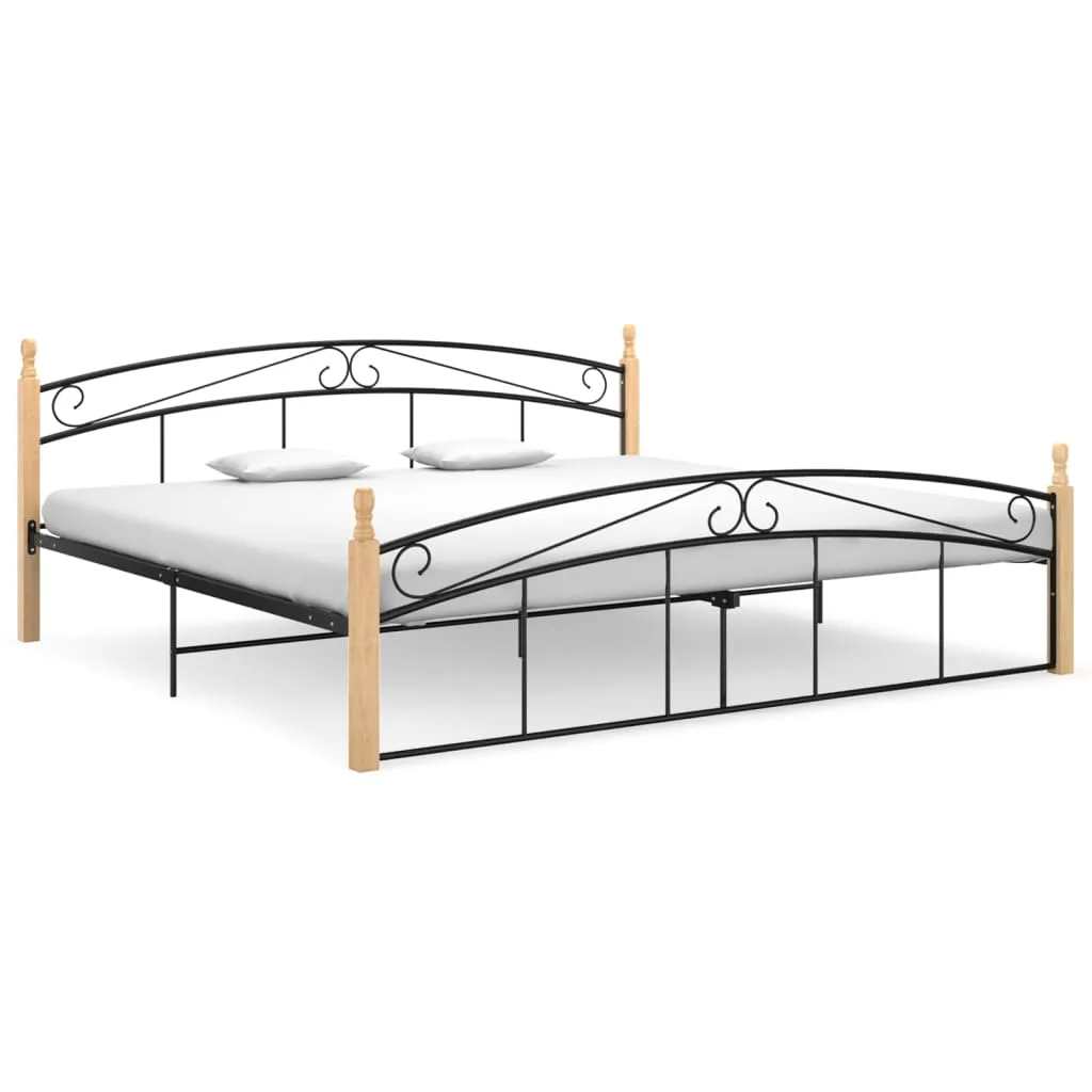 Bed Frame Black Metal and Solid Oak Wood 200x200 cm