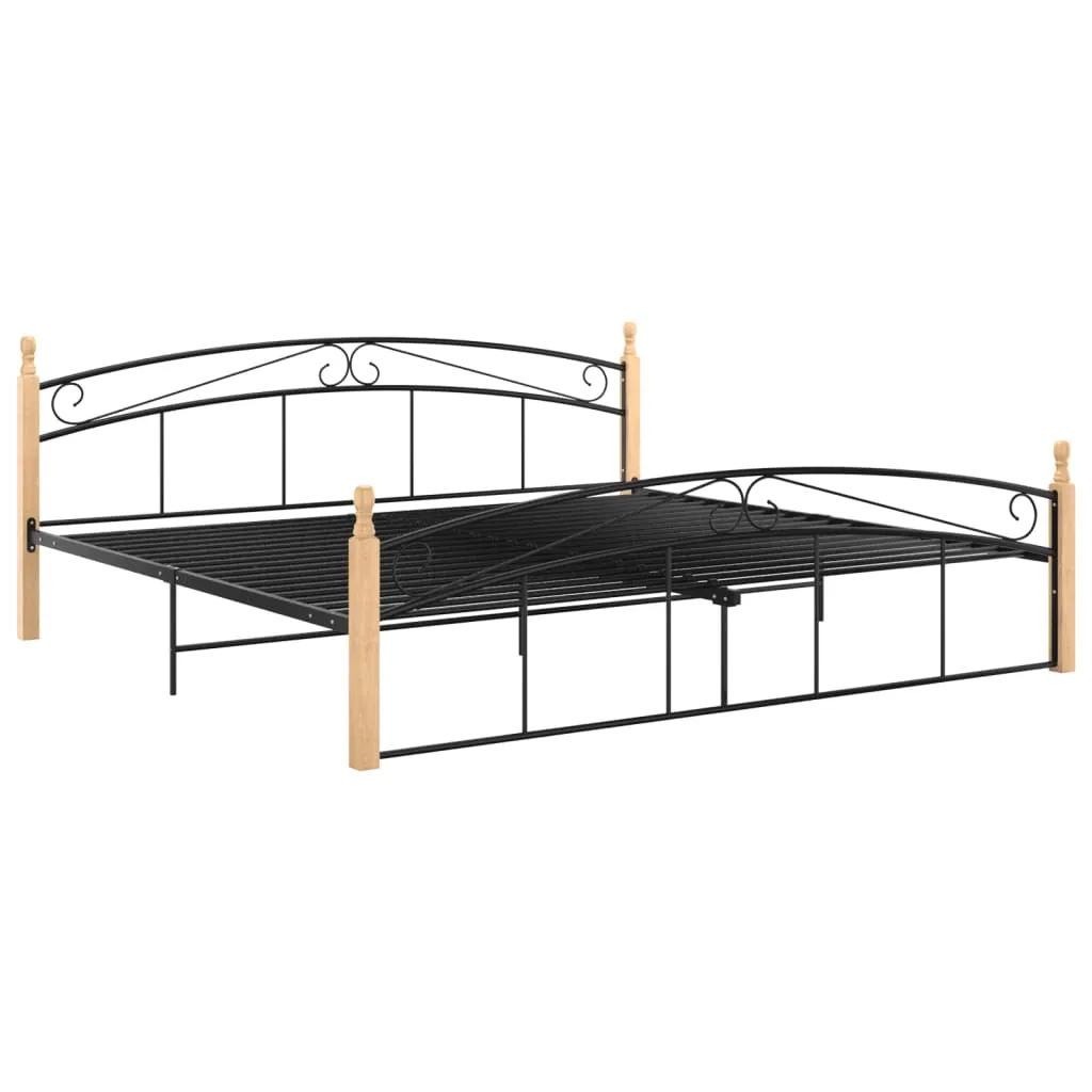 Bed Frame Black Metal and Solid Oak Wood 200x200 cm