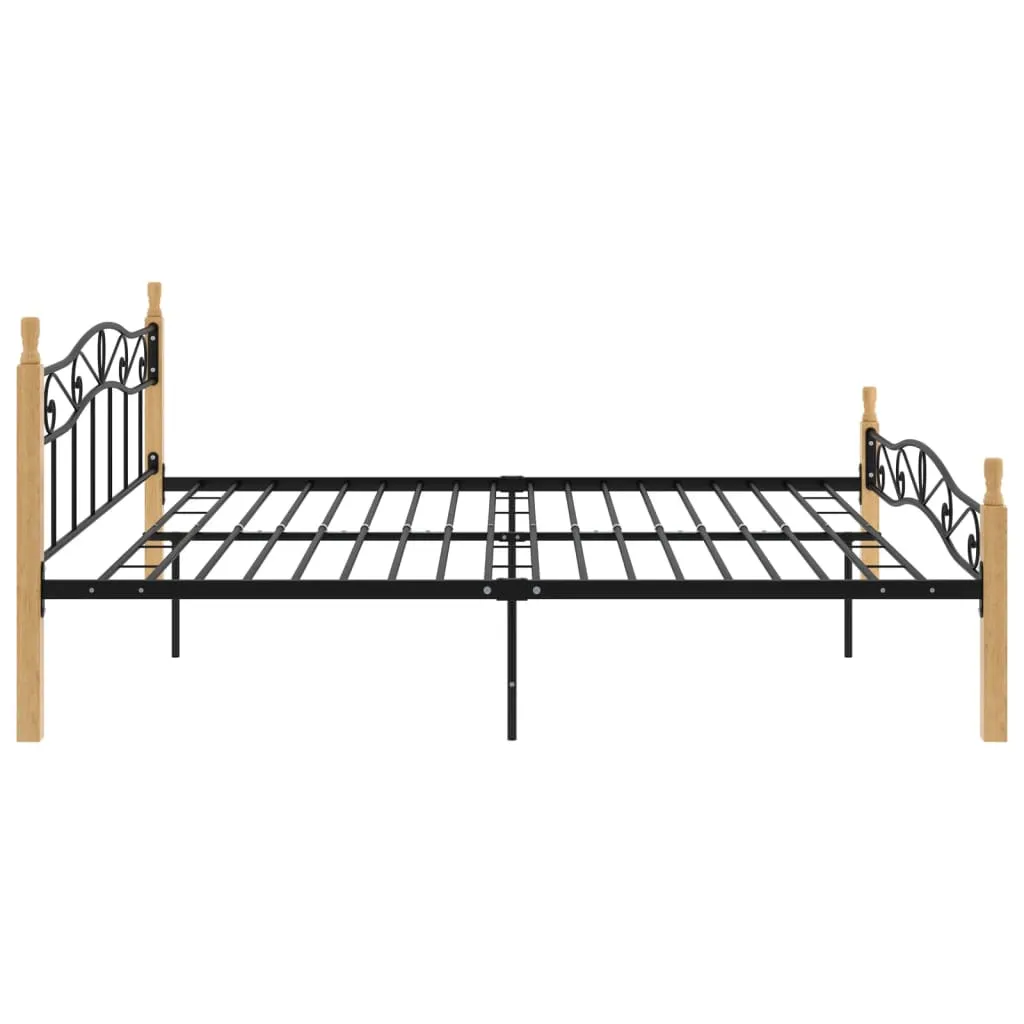 Bed Frame without Mattress Black Metal&Solid Oak Wood 180x200 cm Super King