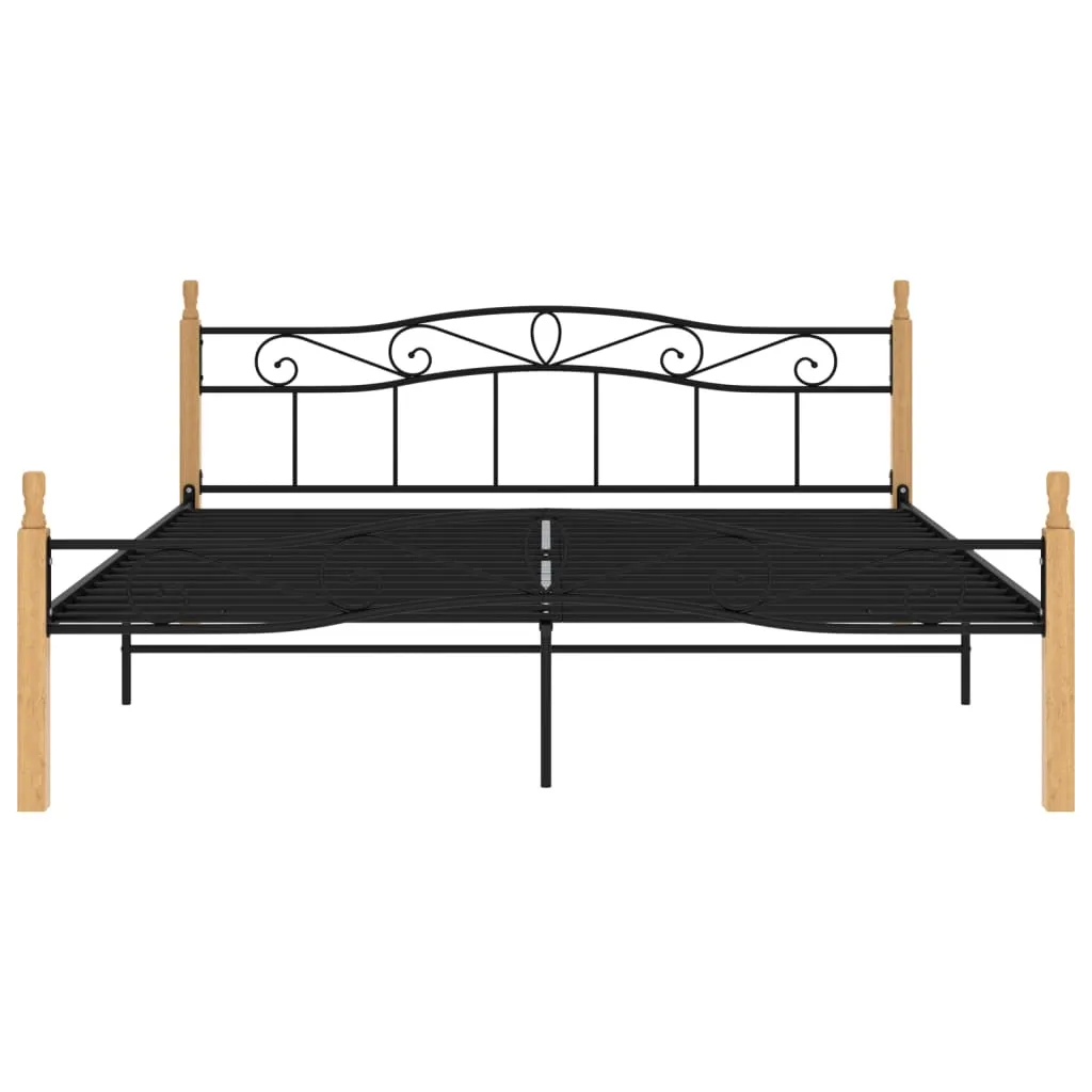 Bed Frame without Mattress Black Metal&Solid Oak Wood 180x200 cm Super King