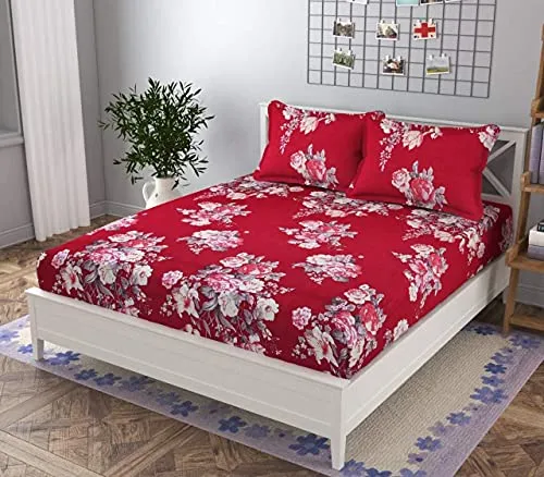 BhaiJi BedSheet King Size 300 TC Pure Cotton Satin Stripes- 108x108 Inch Upto 10 Inch Thick Mattresses On King Size Bed (Red)