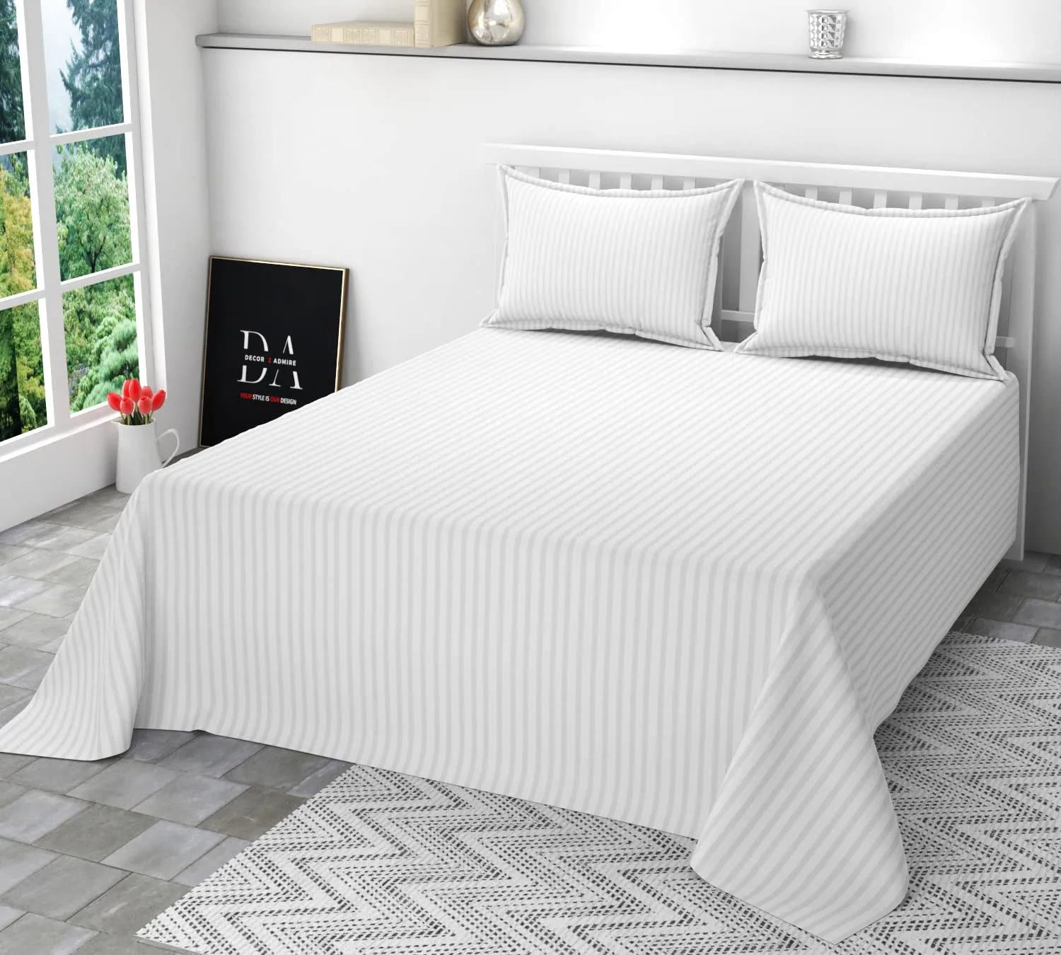 DECOR2ADMIRE 300 TC Glace Cotton All Round Elastic Fitted Plain Stripe Queen Size Bedsheet with 2 Pillow Covers 90 x 100 Inches or 60" x 78" Fits Upto 8 Inch Mattress (White)