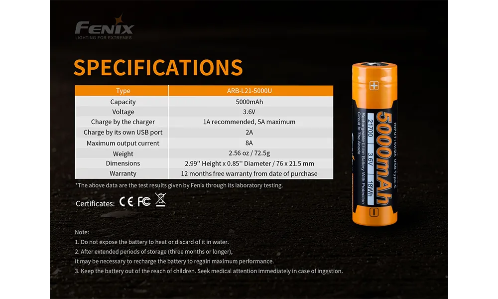 Fenix 21700 Rechargeable Battery - 5000U