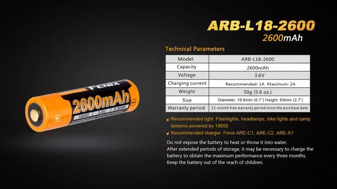 Fenix ARB-L18-2600 Li-ion  Rechargeable 2600mAh 3.6v 18650 Protected Battery