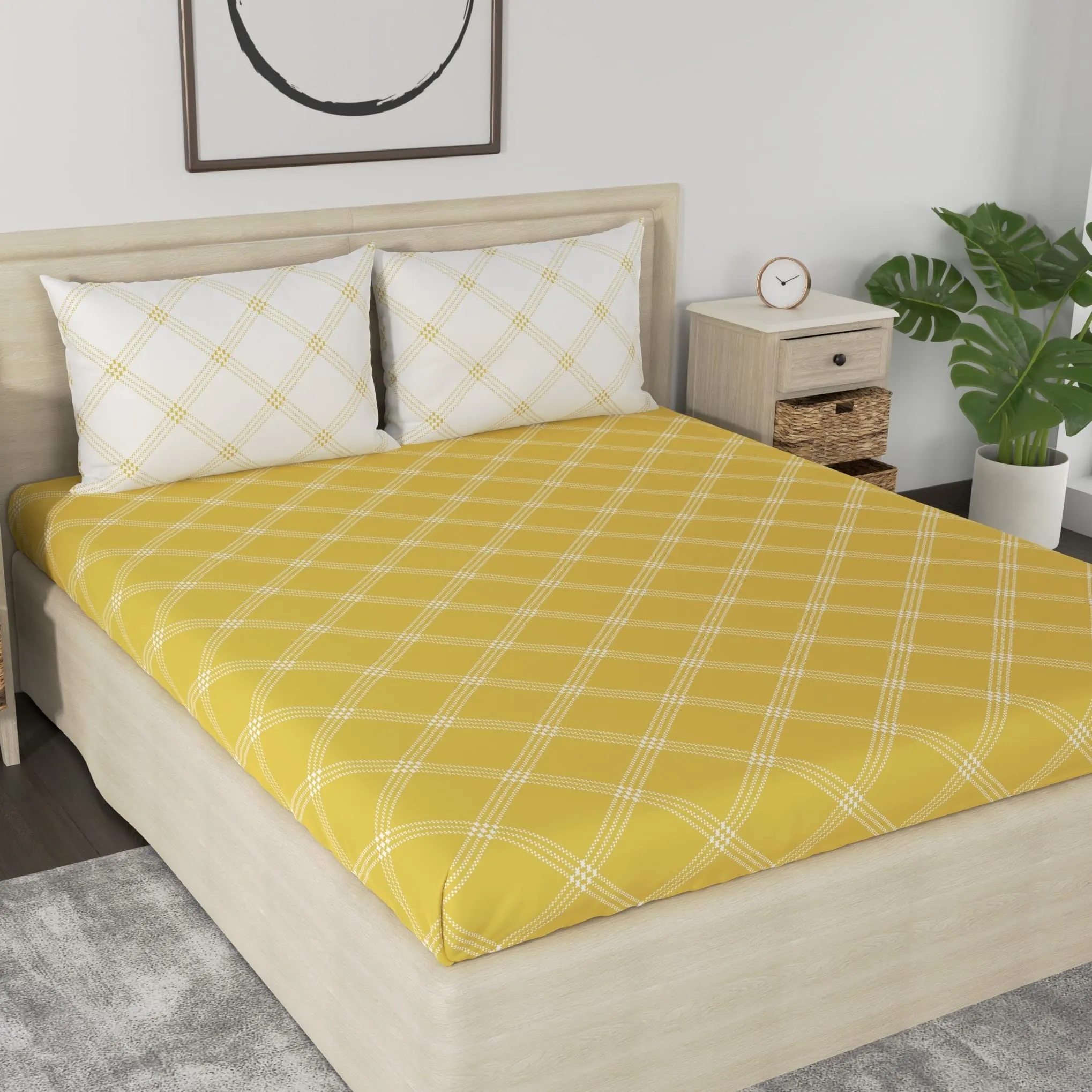 Huesland by Ahmedabad Cotton 186 TC Cotton Elastic Fitted Bedsheets King Size with 2 Pillow Covers | 72x78 inches | Yellow & White