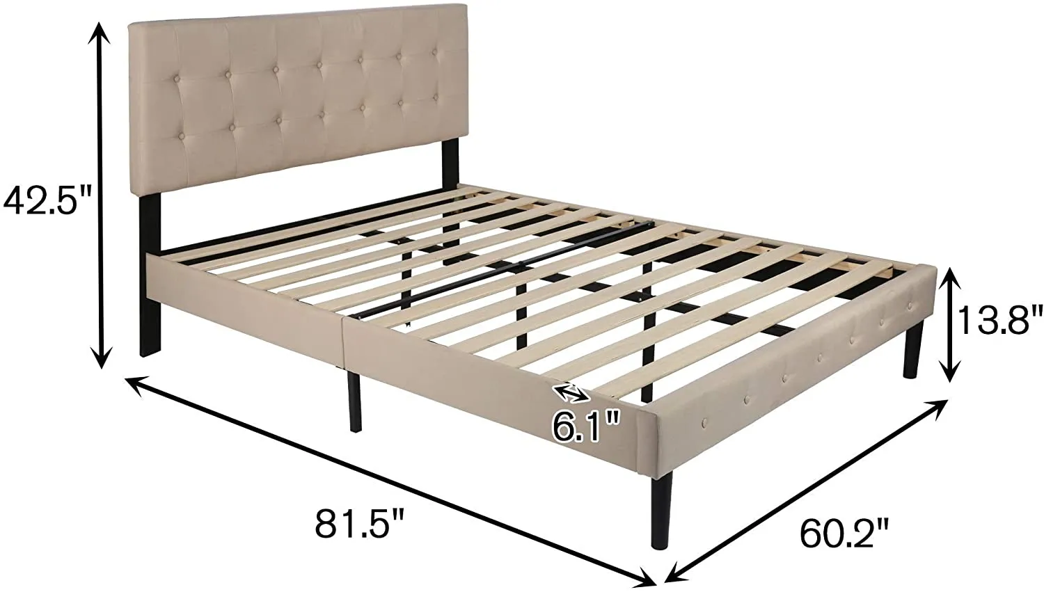 Queen Platform Bed, Fabric Upholstered Queen Bed Frame with Solid Wooden Slat Support and Headboard