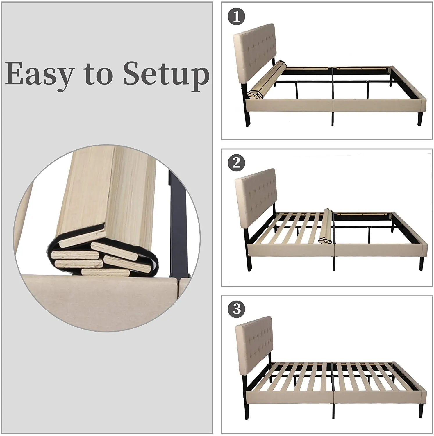 Queen Platform Bed, Fabric Upholstered Queen Bed Frame with Solid Wooden Slat Support and Headboard