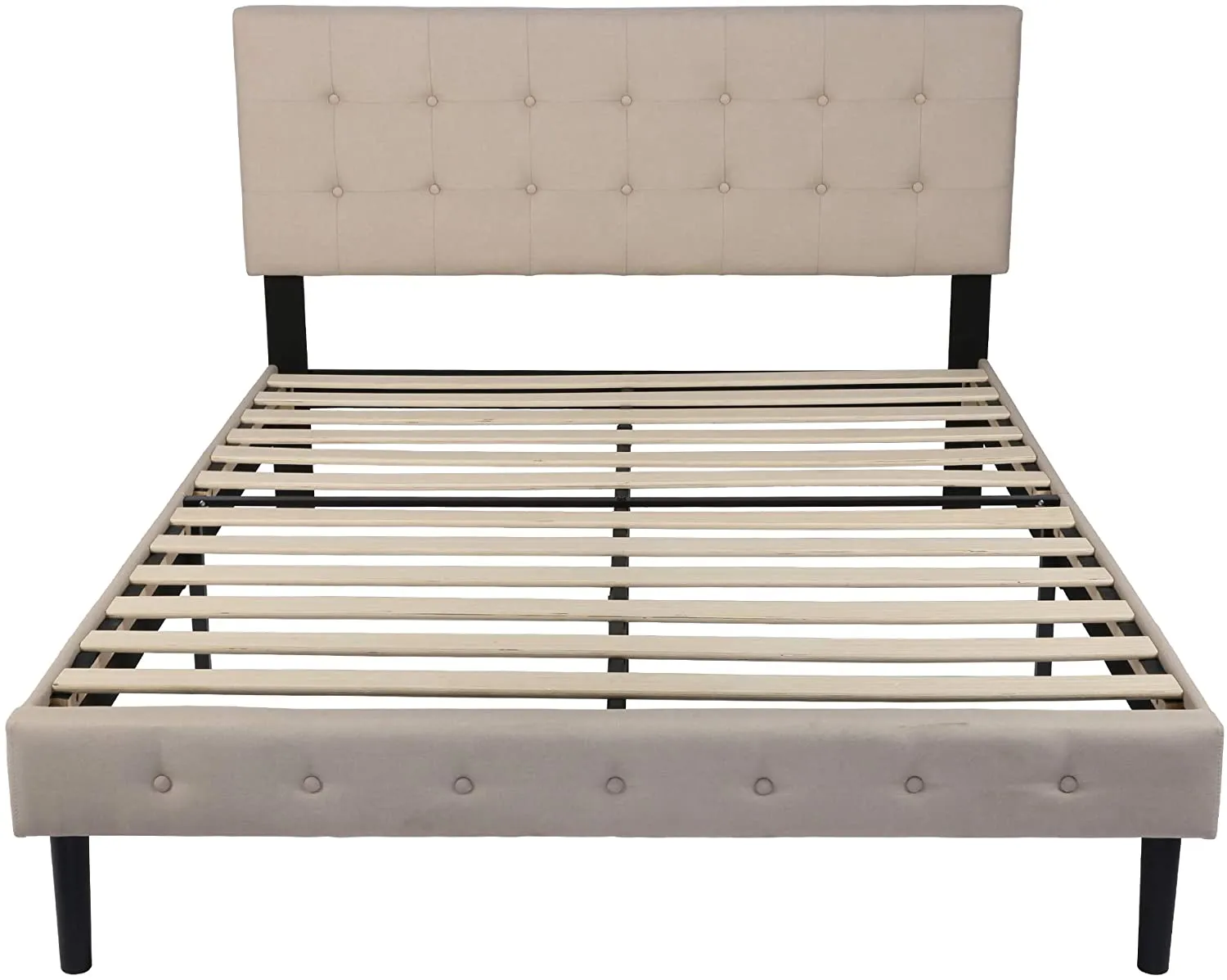 Queen Platform Bed, Fabric Upholstered Queen Bed Frame with Solid Wooden Slat Support and Headboard